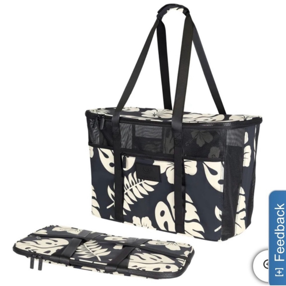 ALOHA Collection Black and White Floral collapsible beach tote